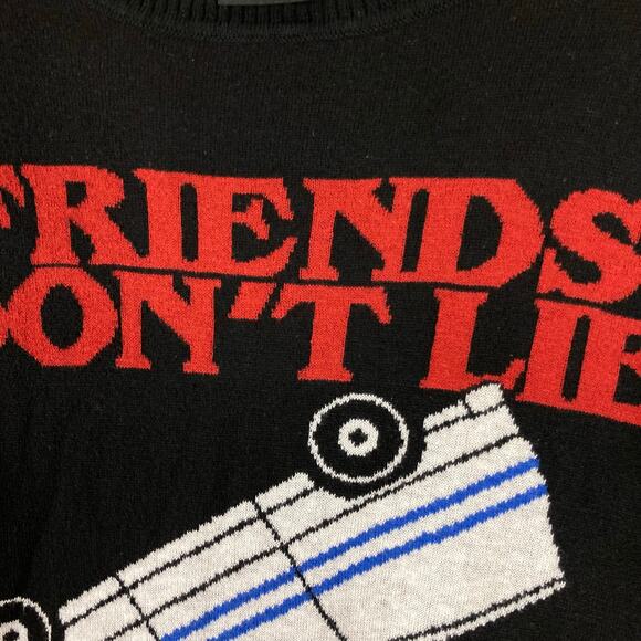 NWOT STRANGER THINGS Sweater L Black Graphic”Friends Don’t Lie”Cotton blend Knit - Picture 5 of 9